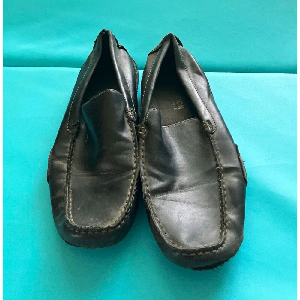 World-Hold On Men’s Black Leather Slip-On Loafers Square Toe Stitched US 10.5